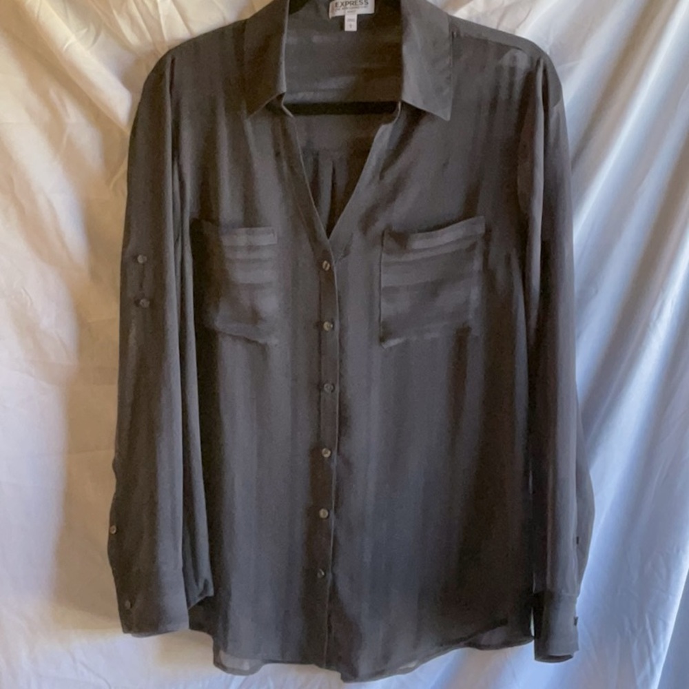 Express Portofino Slim-Fit Dark Gray Sheer Blouse, Size Large